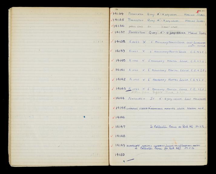 Pages 66 and 67 of London & North Eastern Railway and successors clock record book no. 4 covering clock nos. 14134 to 14150