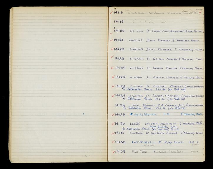 Pages 64 and 65 of London & North Eastern Railway and successors clock record book no. 4 covering clock nos. 14118 to 14133