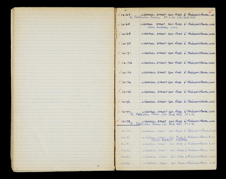 Pages 70 and 71 of London & North Eastern Railway and successors clock record book no. 4 covering clock nos. 14167 to 14184