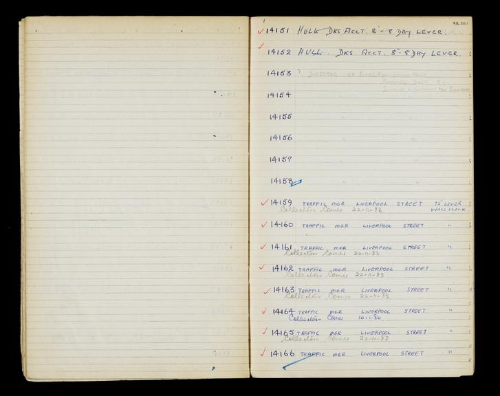 Pages 68 and 69 of London & North Eastern Railway and successors clock record book no. 4 covering clock nos. 14151 to 14166