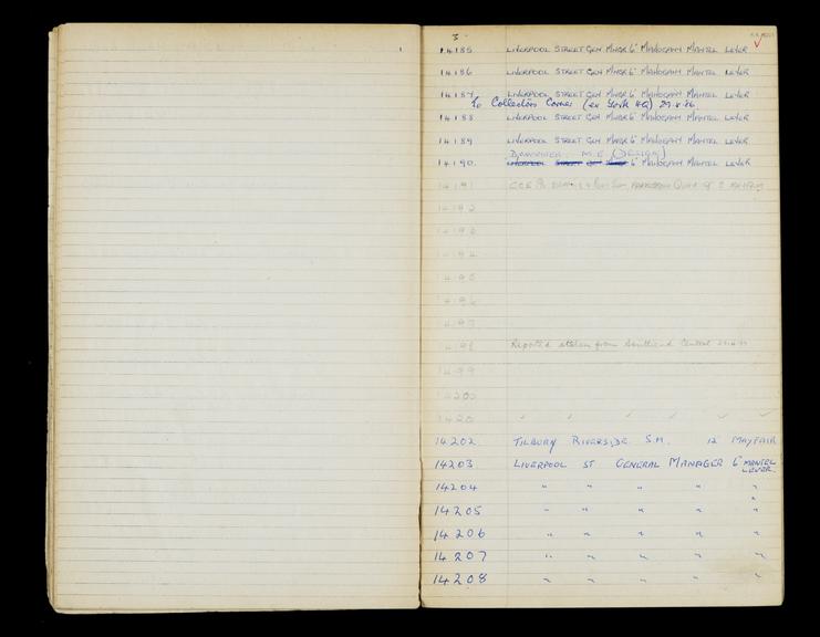 Pages 72 and 73 of London & North Eastern Railway and successors clock record book no. 4 covering clock nos. 14185 to 14208