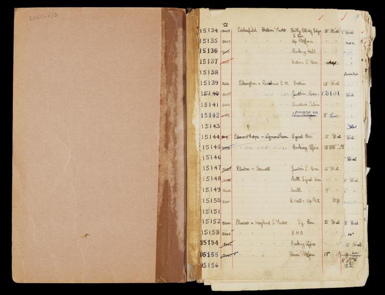 Pages 1 and 2 of London & North Eastern Railway clock record book [no. 5] covering clock nos. 15134 to 15156