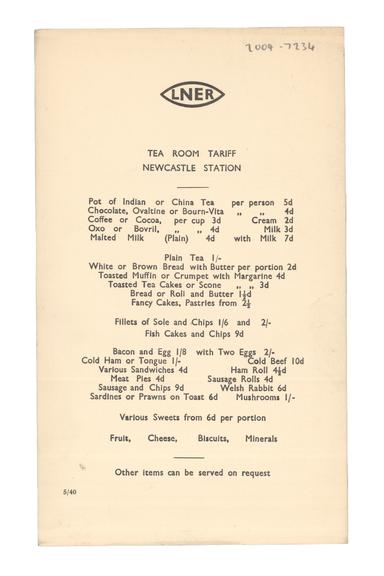 Tea Room Tariff - Newcastle Station (price list)