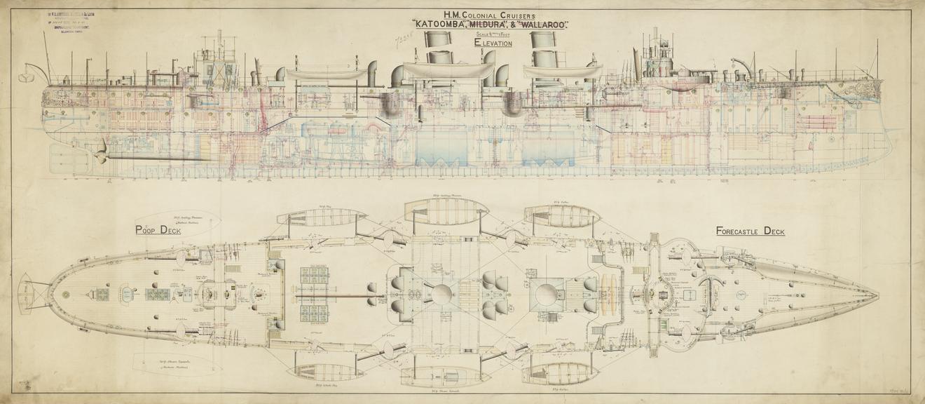 Drawing entitled 'H.M. Colonial Cruisers "Katoomba", "Mildura" & "Wallaroo" Elevation, Poop Deck and Forecastle Deck'