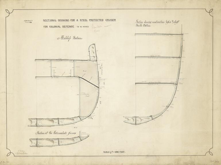 Drawing entitled 'Sectional Drawing for a Steel Protected Cruiser for Colonial Defence to be named'