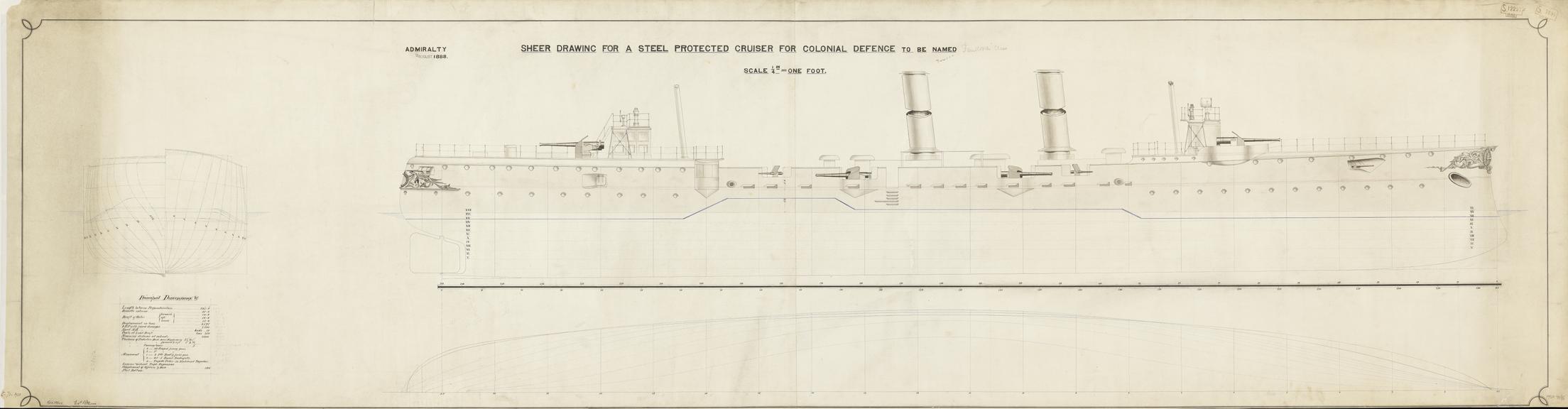 Drawing entitled 'Sheer Drawing for a Steel Protected Crusier for Colonial Defence to be named'