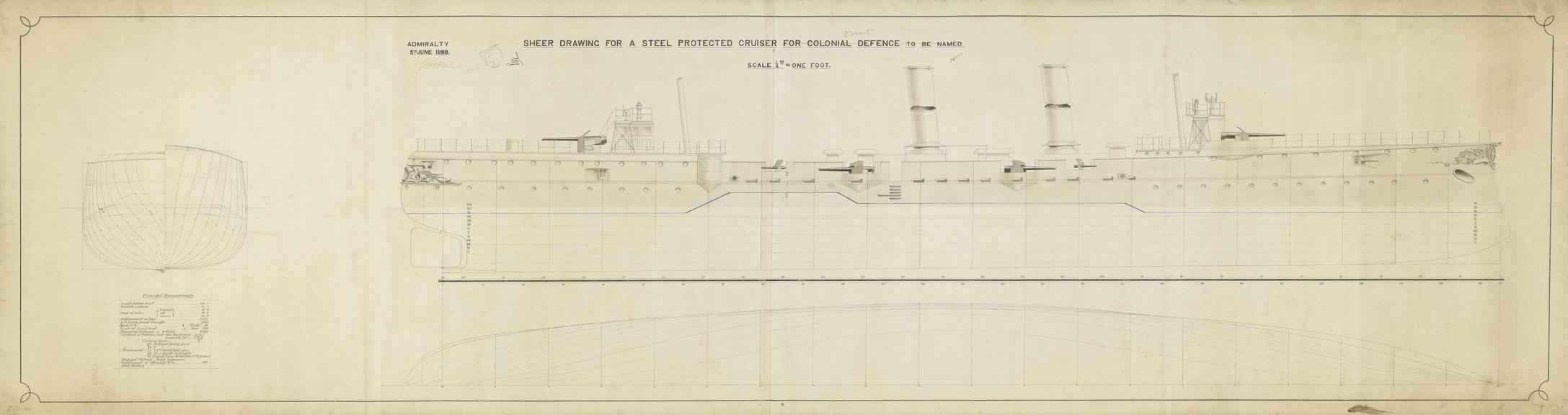 Drawing entitled 'Sheer Drawing for a Steel Protected Cruiser for Colonial Defence to be named'