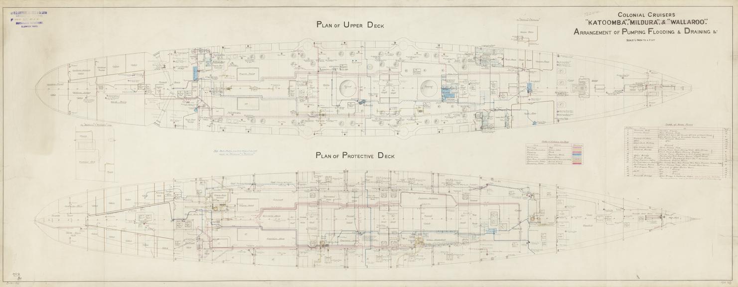 Drawing entitled 'Colonial Cruisers "Katoomba", "Mildura" & "Wallaroo" Arrangement of Pumping Flooding & Draining &c'