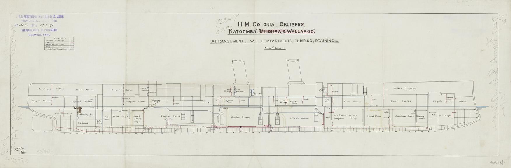 Drawing entitled 'H.M. Colonial Cruisers "Katoomba", "Mildura" & "Wallaroo" Arrangement of W.T. Compartments, Pumping, Draining &c'