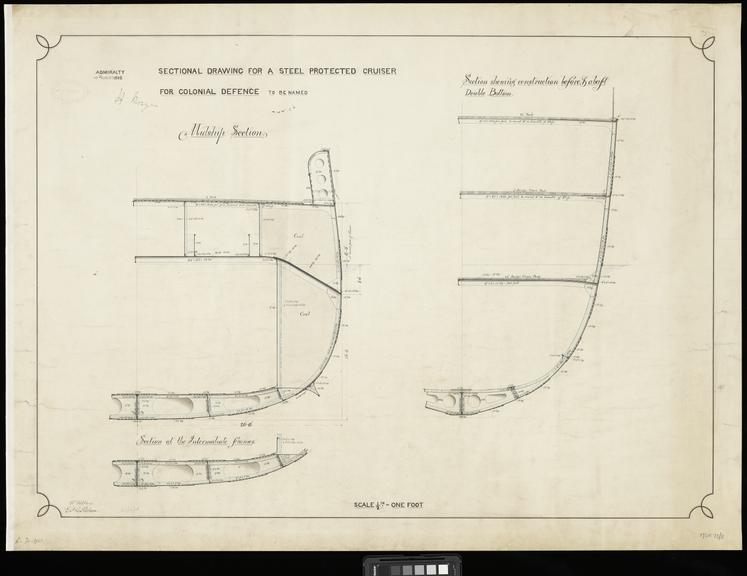 Drawing entitled 'Sectional Drawing for a Steel Protected Cruiser for Colonial Defence to be named'