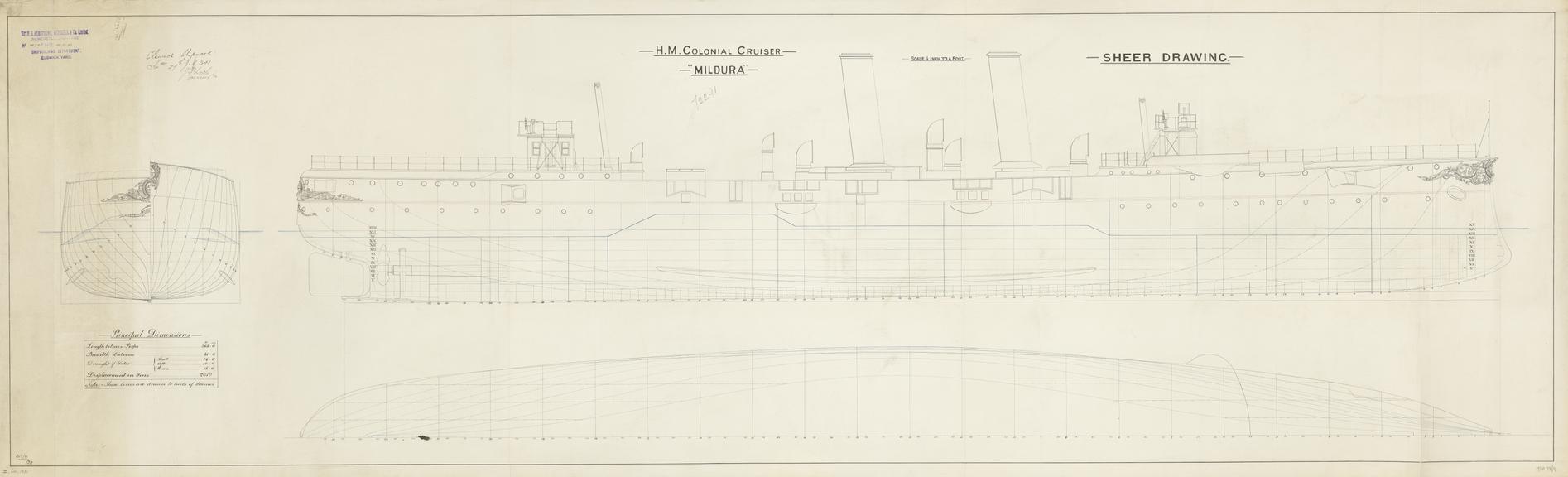 Drawing entitled 'H.M. Colonial Crusier "Mildura" Sheer Drawing'