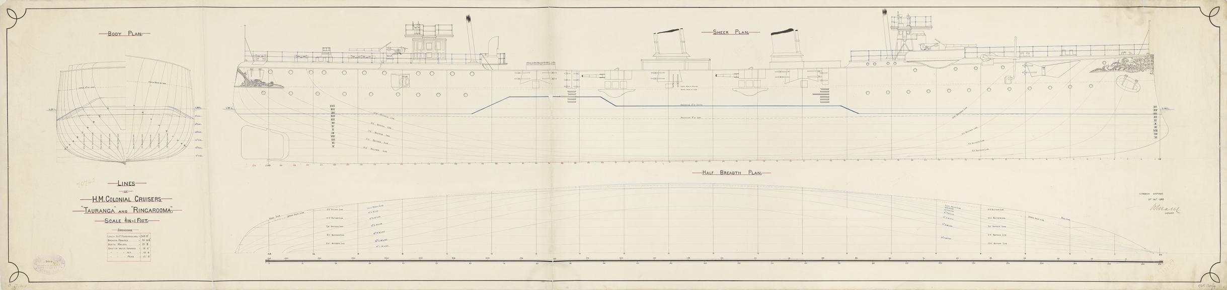 Drawing entitled 'Lines of H.M. Colonial Cruisers "Tauranga" and "Ringarooma"'