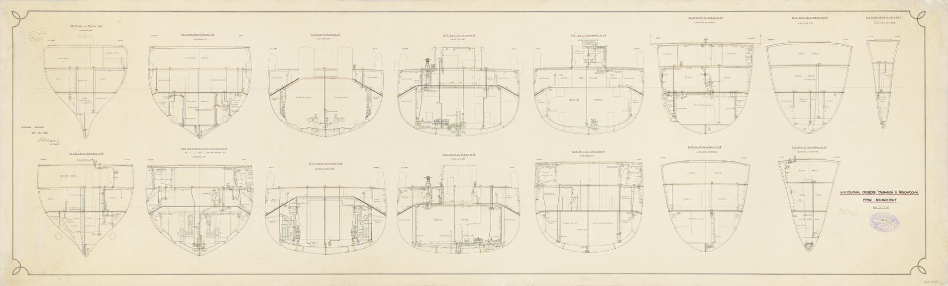 Drawing entitled 'H.M. Colonial Cruisers "Tauranga" & "Ringarooma": Piping Arrangements'