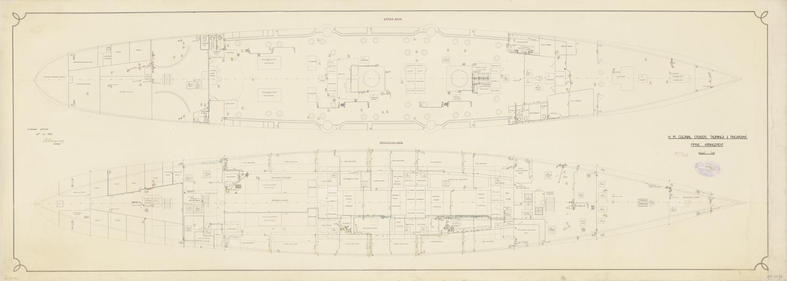 Drawing entitled 'H.M. Colonia Cruisers "Tauranga" & "Ringarooma" Piping Arrangement