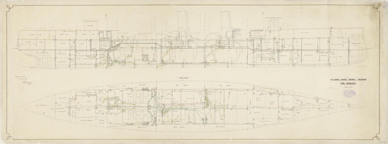 Drawing entitled 'H.M. Colonial Crusiers "Tauranga" and "Ringarooma" Piping Arrangement'