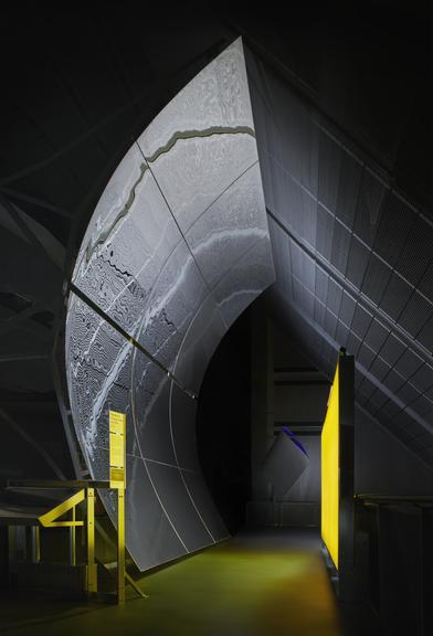 Parabolic trough mirror and receiving tube from a concentrated solar power (CSP) plant array (mirror)