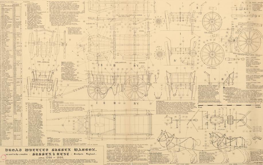 Drawing of broad wheeled Sussex waggon as used in the counties Sussex & Kent, Southern England circa 1700-1930