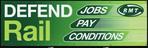 Banner with the message 'Defend Rail, Jobs, Pay, Conditions, RMT'