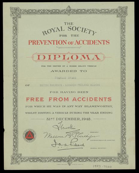 Certificate, Royal Society for the Prevention of Accidents