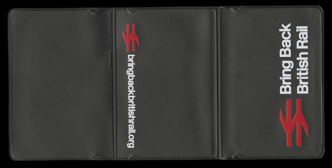 'Bring Back British Rail' rail card wallet featuring the‘reverse arrows’ logo