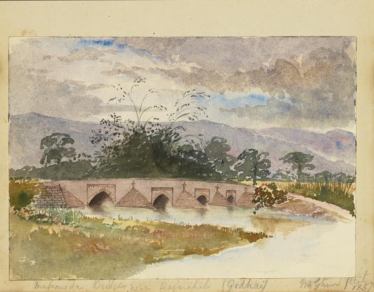 Watercolour of a Mughal bridge near Rajmahal, Jharkhand, India (Painting, watercolour)