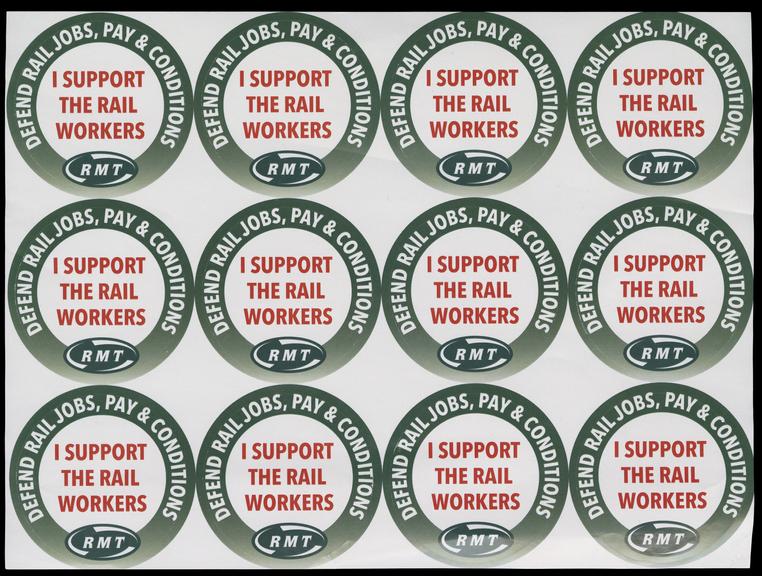 Sheet of stickers 'Defend rail jobs, pay and conditions, I support the Rail Workers RMT'