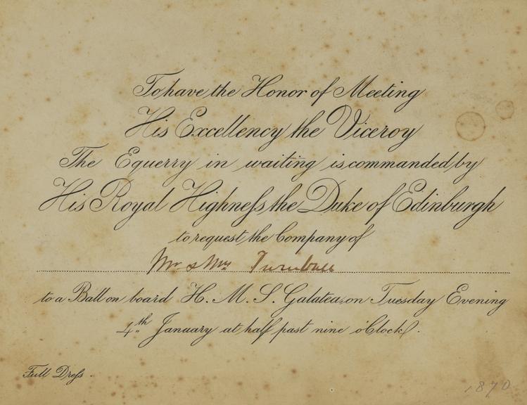 Invitation to a ball on HMS Galatea, 1870