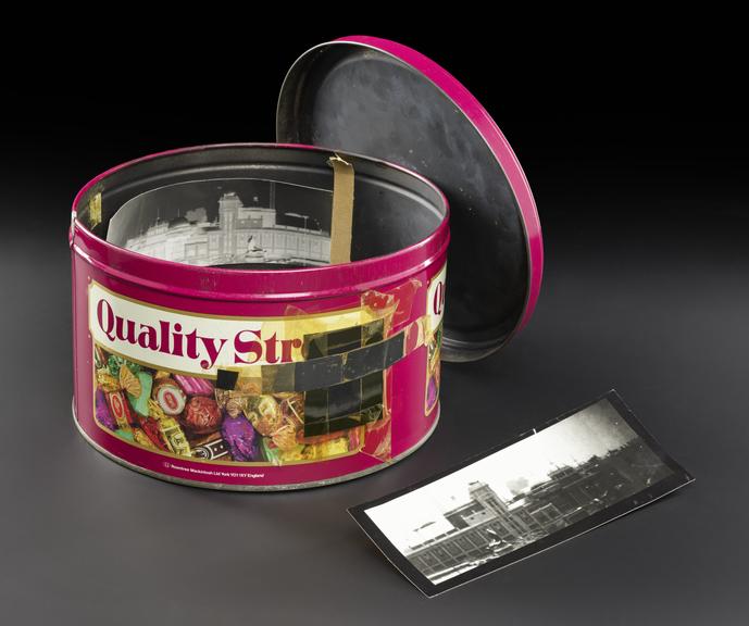 Pin-hole camera and negative made from Quality Street tin