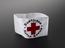 White arm band with red cross surrounded by black writing