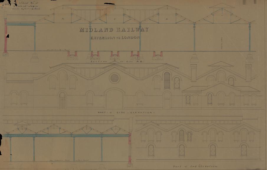 Drawing of Midland Railway extension to London, engine shed at Kentish Town, elevations and sections