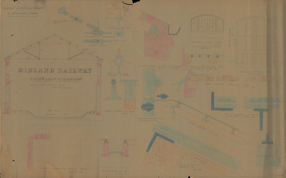 Drawing of Midland Railway Extension to London, detail of fitting shops at Kentish Town showing section through fitting shop and engine pit with details of roofing, windows, sills, skylight etc.