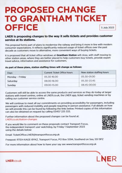 Poster displayed at Grantham Station in July 2023 announcing the proposed Change to Grantham Ticket Office