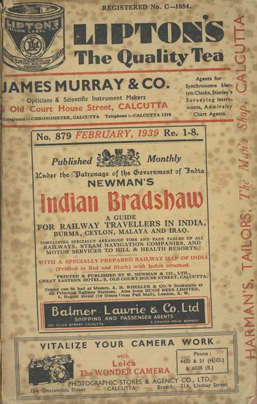 Volume titled 'Newman's Indian Bradshaw, A Guide for Railway Travellers in India No 879 February 1939'