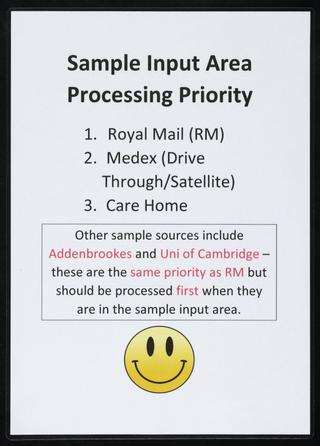 Sign from a sample preparation area of a COVID-19 testing centre