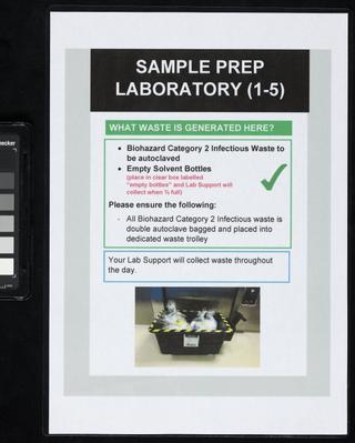 Sign about waste from a sample preparation area of a COVID-19 testing centre