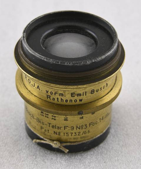 Busch-Bis-Telar F.9 No.3 lens with 14 inch f.l. with ring type iris diaphragm. Busch