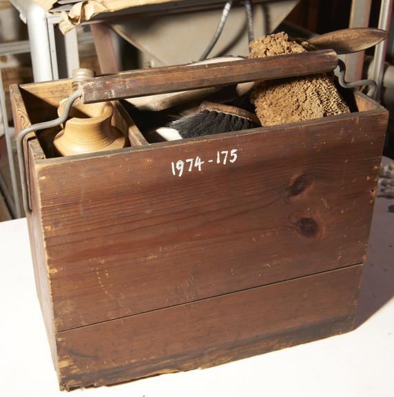 Wooden housemaid's box with compartments and drawers for brushes