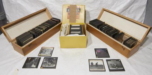 Two wooden "Johnsons of Hendon" boxes containing lantern slides