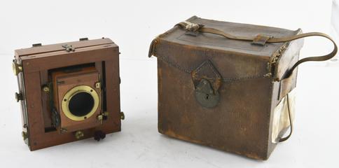 Collapsible folding bellows field or stand camera, c 1885 with Case