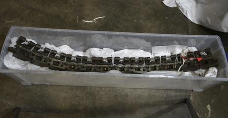One chain of stenter clips from mercerising machine. Manufactured by Mather and Platt. c.1913