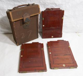 Three 4″ by 8″ wooden plate holders with case for Certo Dollina camera model II