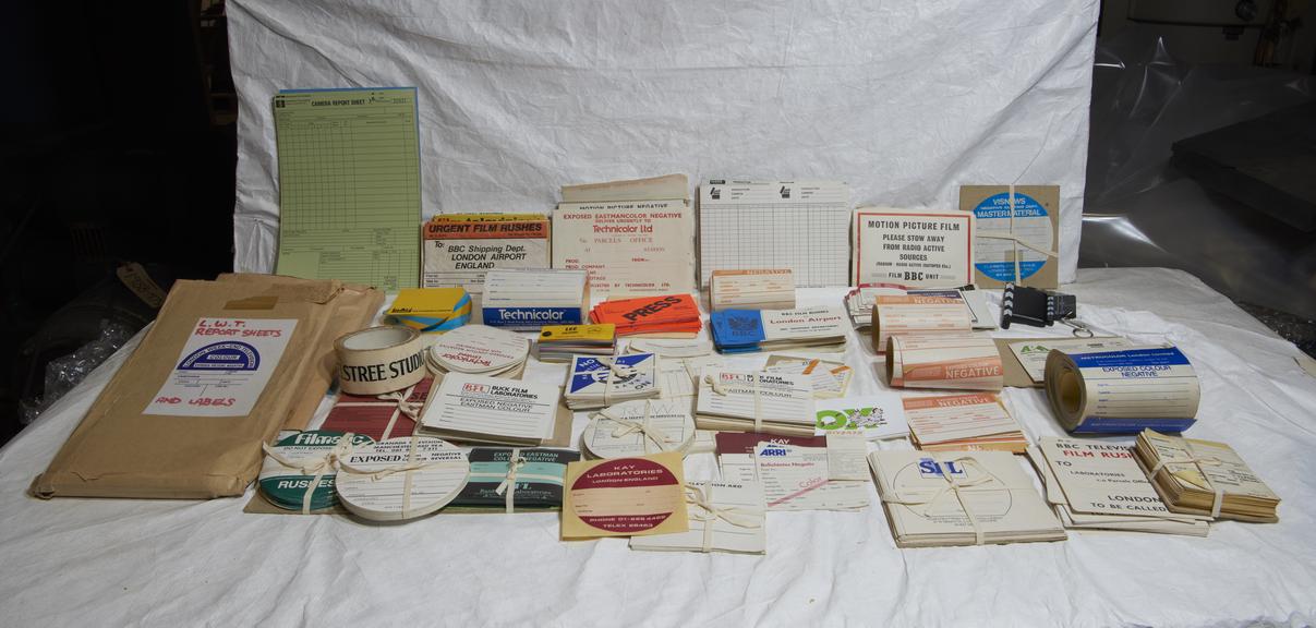 Film Can Labels and Negative Report Sheets used in 1980s Television Production