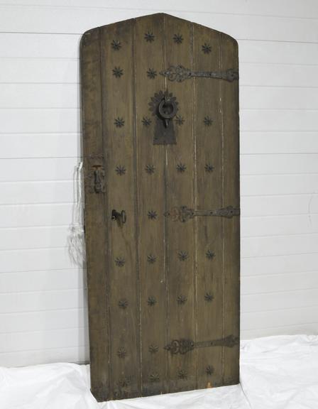 Wooden Door and Key with Metal Fittings, English.