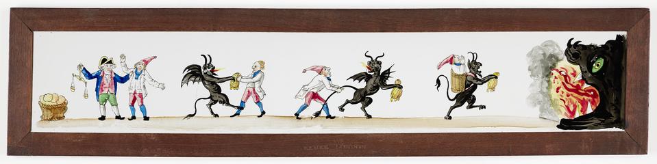 Magic lantern slide showing a baker, the devil and fair weights and measures