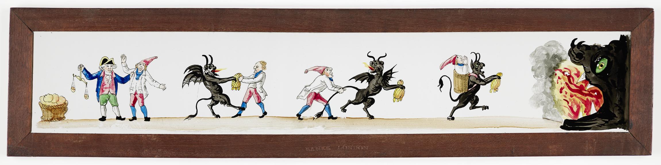 Magic lantern slide showing a baker, the devil and fair weights and measures