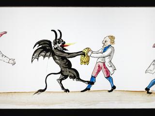 Magic lantern slide showing a baker, the devil and fair weights and measures