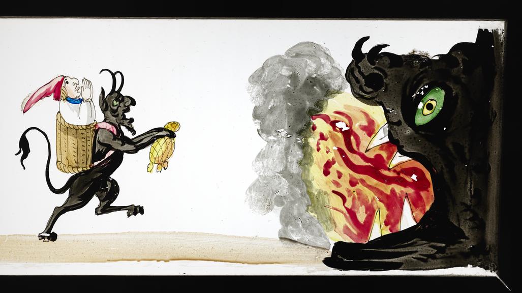 Magic lantern slide showing a baker, the devil and fair weights and measures