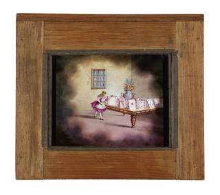 Magic lantern slide showing scene from 'Alice's Adventures or The Queen of Hearts and the Stolen Tarts'