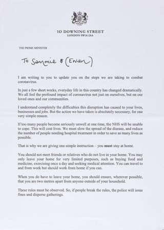 Copy of Prime Minster Boris Johnson's letter during the first national lockdown