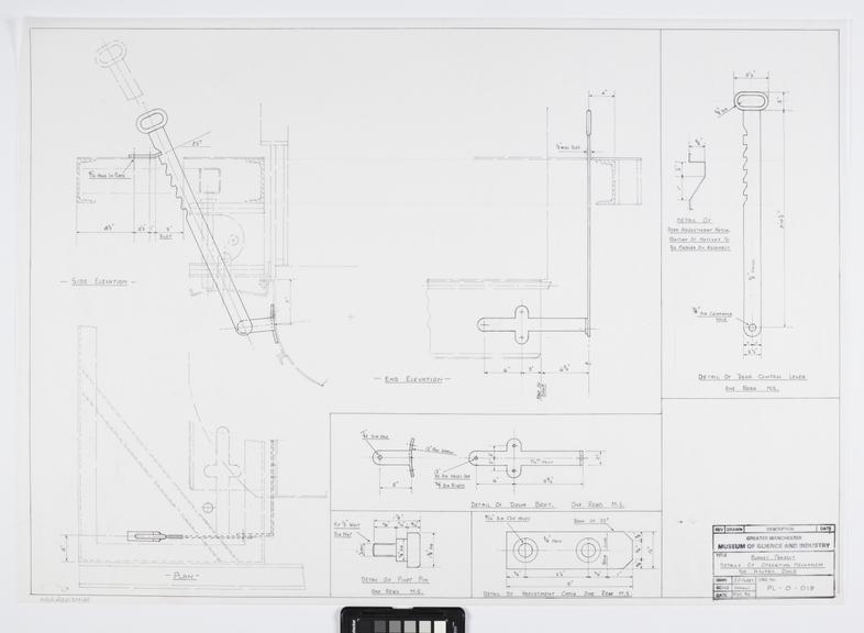 Drawing of details of operating mechanism for ashpan door